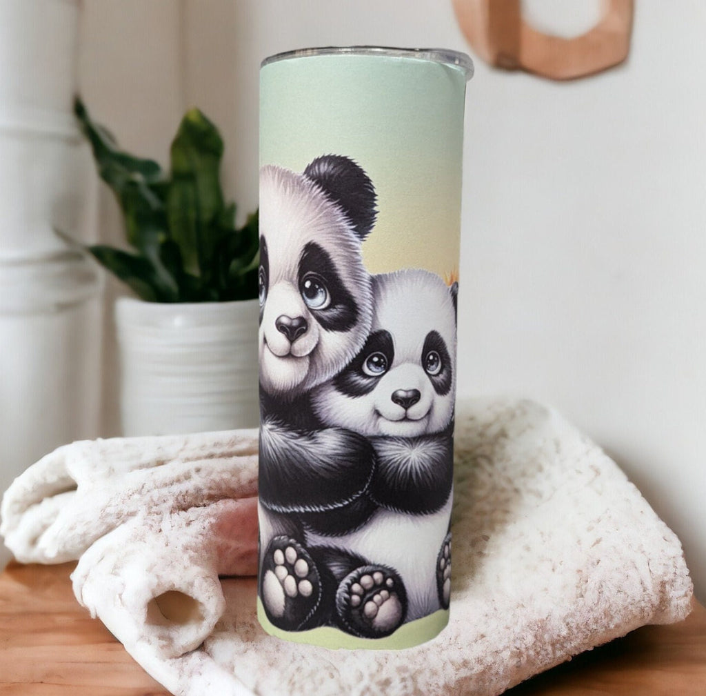 Cute Panda Bear Tumbler Can Be Personalized, Pandas With Sunflowers Tumbler, 20oz Skinny Tumbler For Everyday Use - Hot Or Cold Drinks