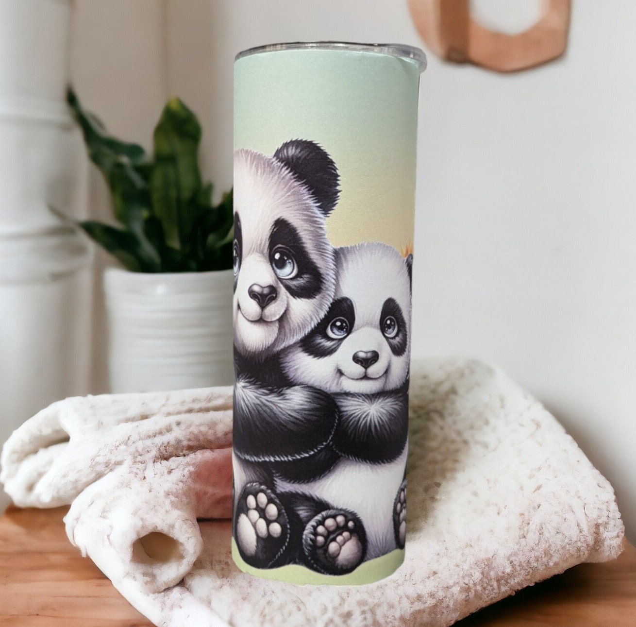 Cute Panda Bear Tumbler Can Be Personalized, Pandas With Sunflowers Tumbler, 20oz Skinny Tumbler For Everyday Use - Hot Or Cold Drinks