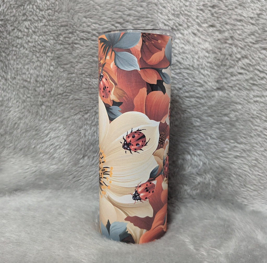 Floral Ladybug Tumbler 20oz With Reusable Straw Can Be Personalized