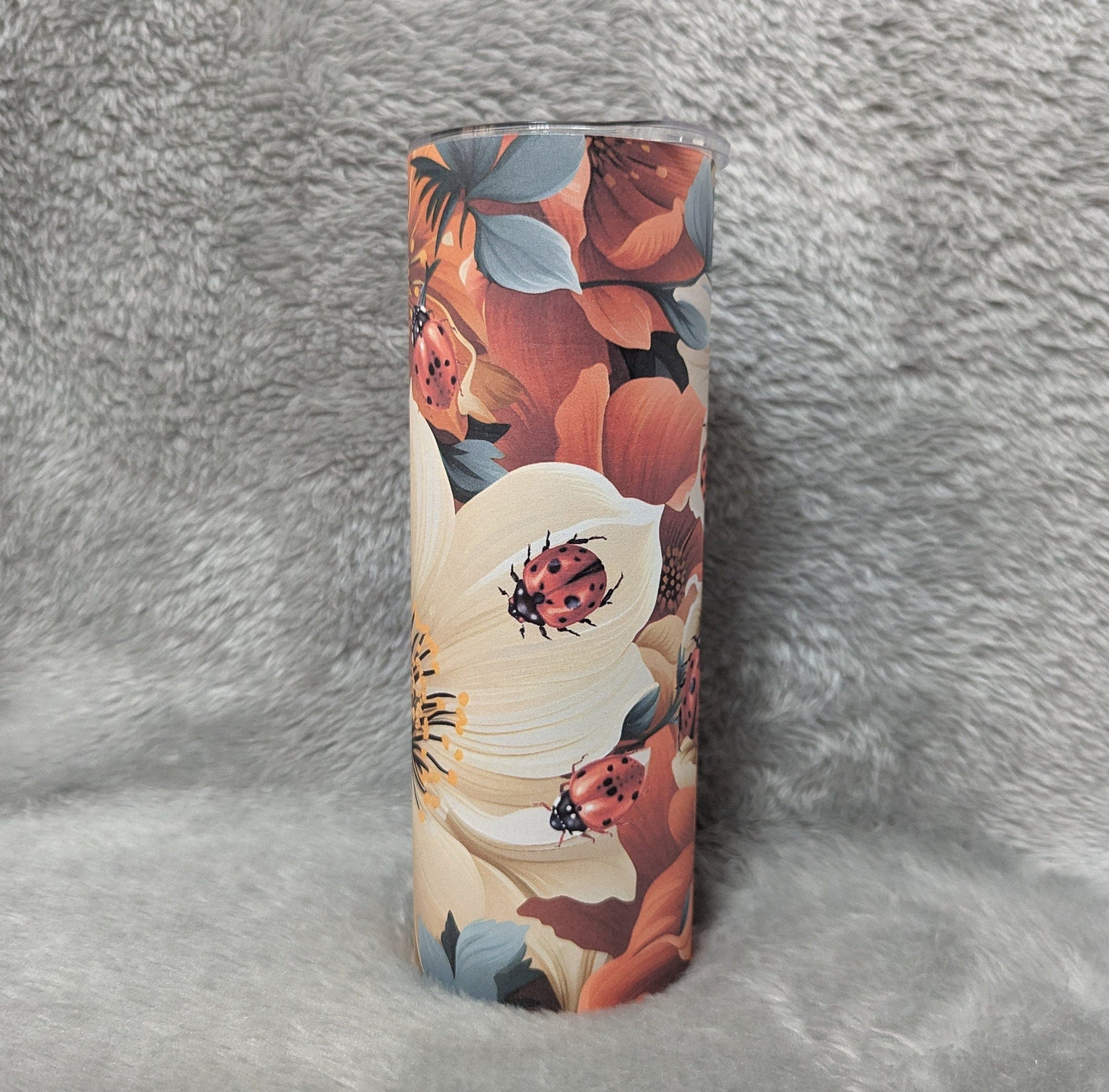 Floral Ladybug Tumbler 20oz With Reusable Straw Can Be Personalized
