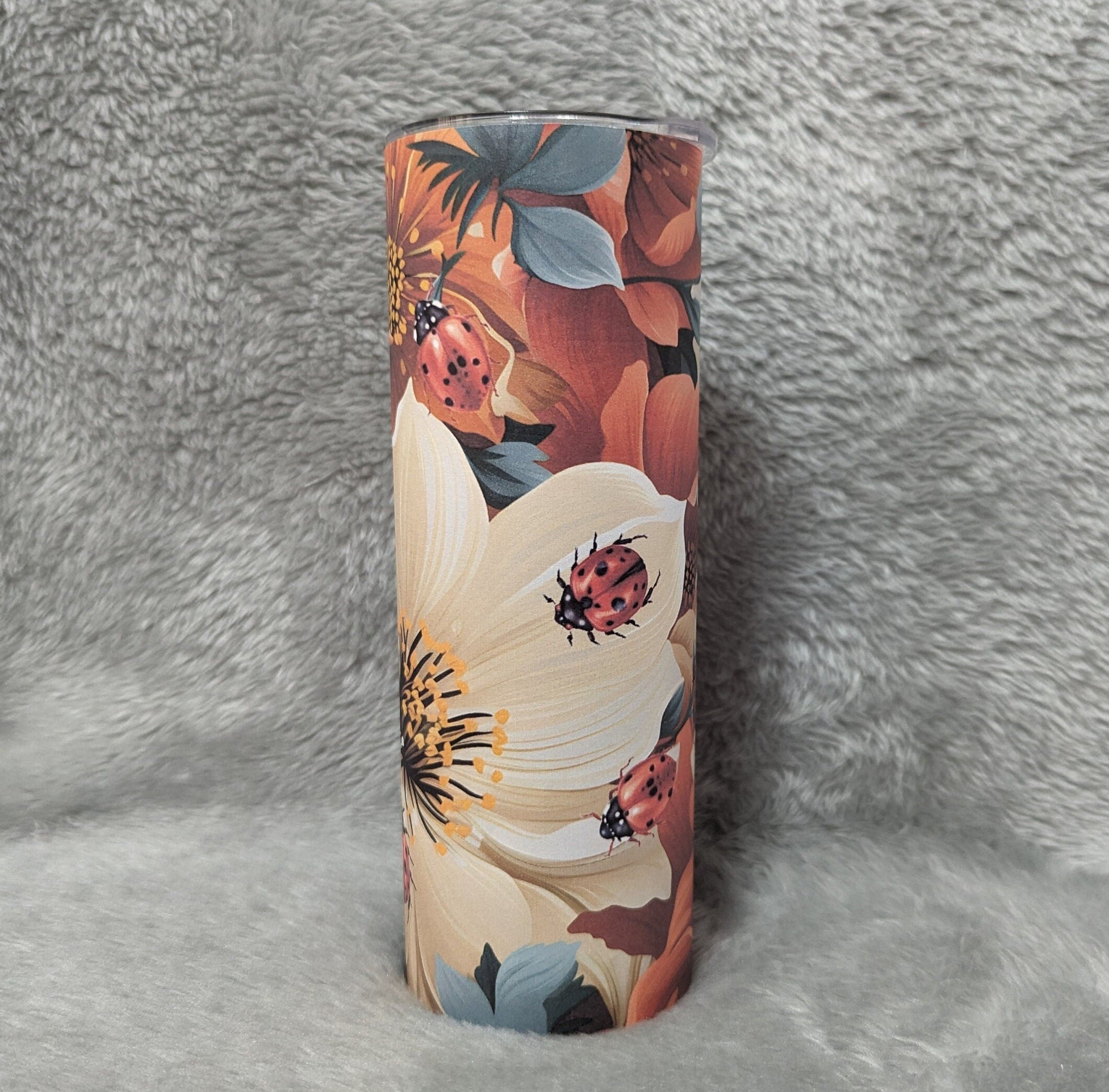 Floral Ladybug Tumbler 20oz With Reusable Straw Can Be Personalized