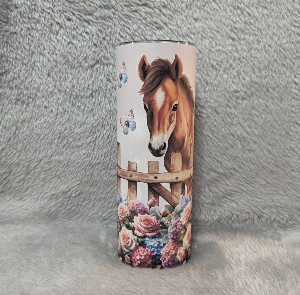 Pony Tumbler With Pretty Flowers Includes A Reusable straw, Can Be Personalized, Horse Gift, Cup With Name, Gift For Her, 20oz Tumbler