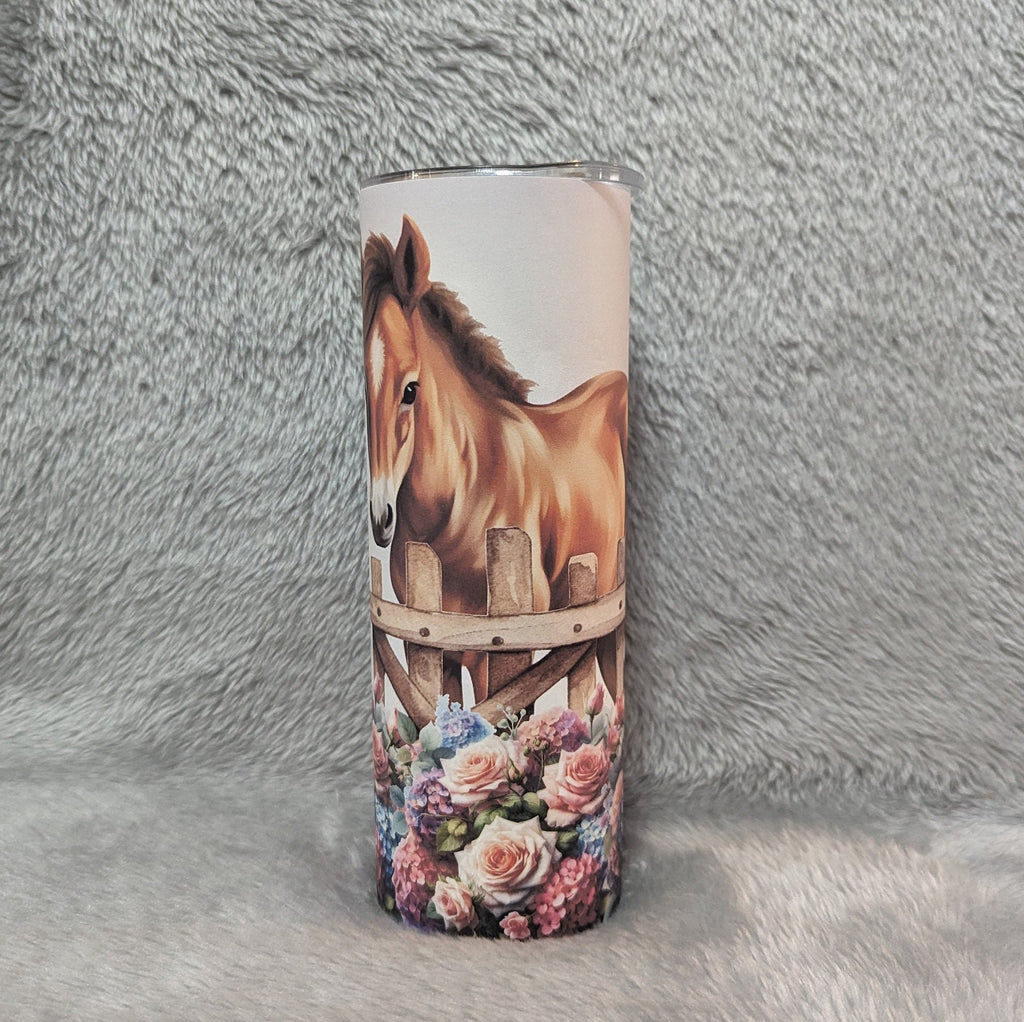 Pony Tumbler With Pretty Flowers Includes A Reusable straw, Can Be Personalized, Horse Gift, Cup With Name, Gift For Her, 20oz Tumbler