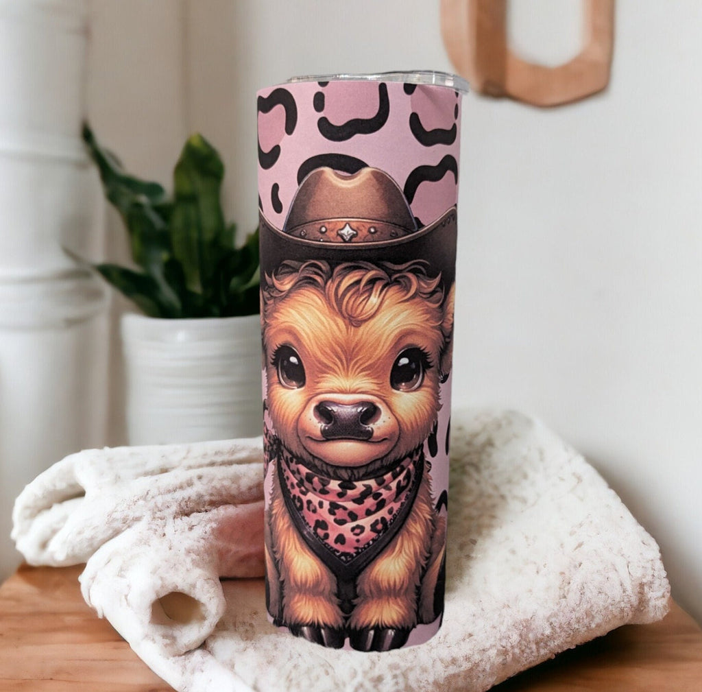 Cute Highland Cow Cowgirl Tumbler with Leopard Print 20oz With Reusable Straw Can Be Personalized