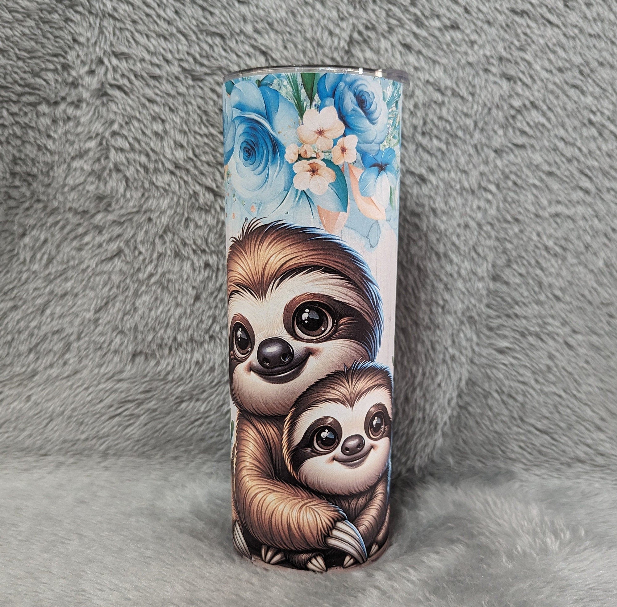 Pretty Floral Sloth Tumbler 20oz With Reusable Straw Can Be Personalized