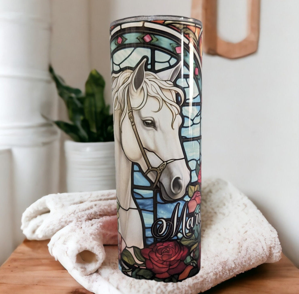 Beautiful Stained Glass Design Horse Tumbler With A White Horse and Roses, Can Be Personalized, White Horse Cup With Name, Horse Lover Gift