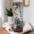 Beautiful Stained Glass Design Horse Tumbler With A White Horse and Roses, Can Be Personalized, White Horse Cup With Name, Horse Lover Gift