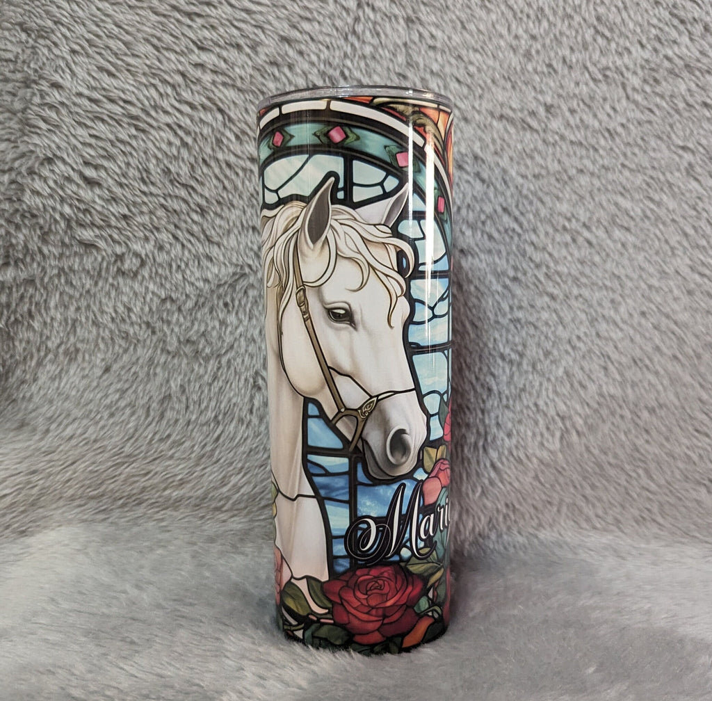 Beautiful Stained Glass Design Horse Tumbler With A White Horse and Roses, Can Be Personalized, White Horse Cup With Name, Horse Lover Gift