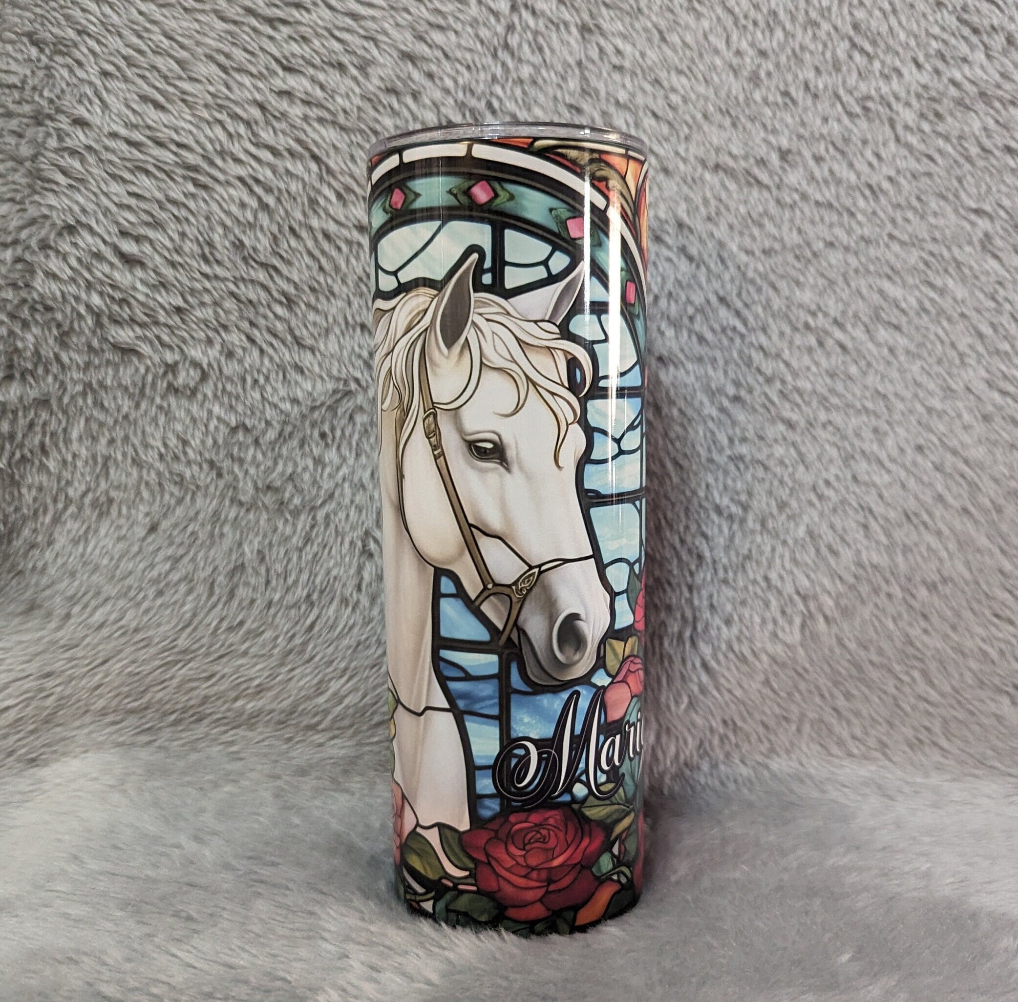 Beautiful Stained Glass Design Horse Tumbler With A White Horse and Roses, Can Be Personalized, White Horse Cup With Name, Horse Lover Gift