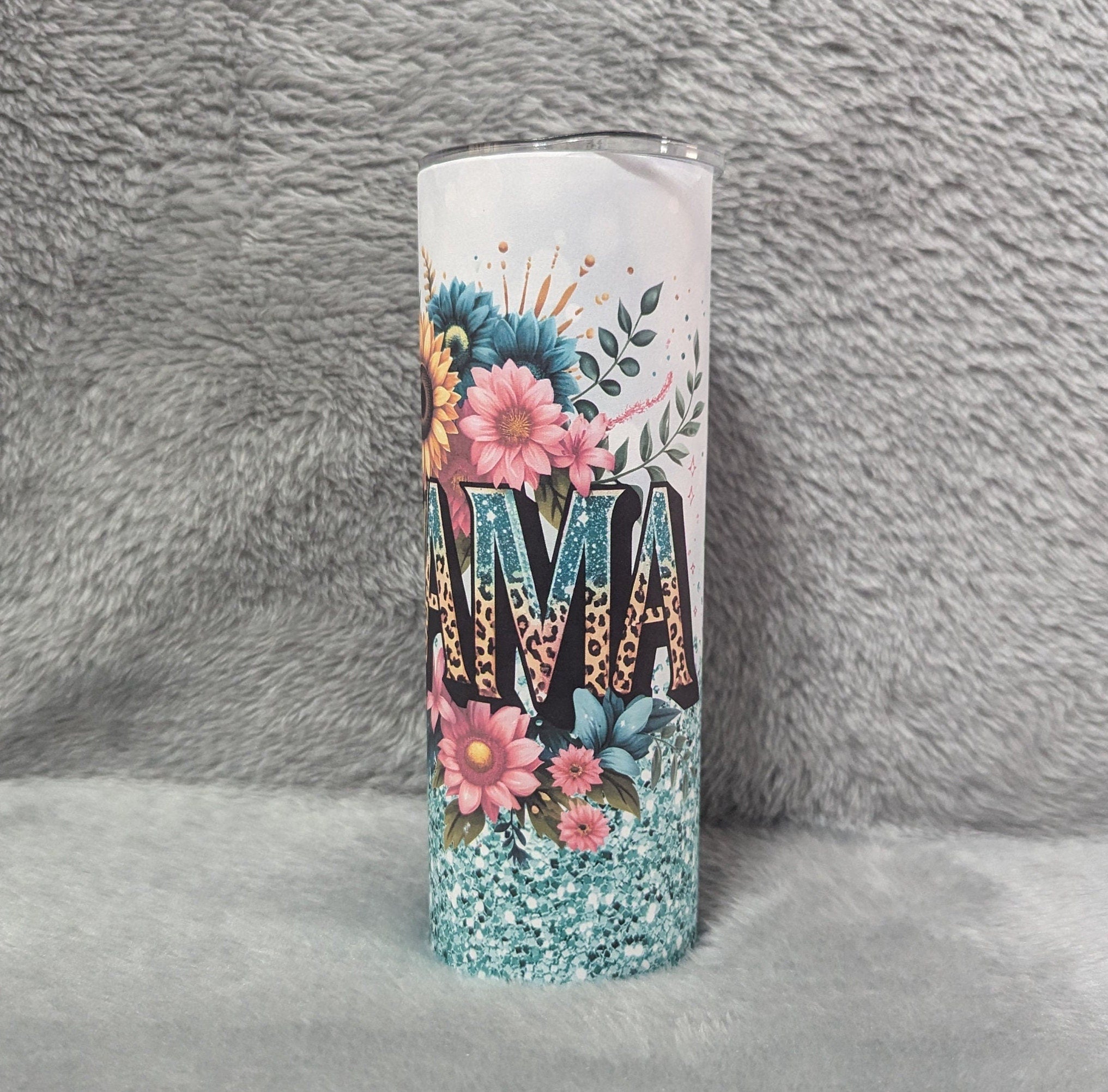 MAMA Tumbler With Flowers and A Glitter Design and Reusable Straw - Gift For Her, Cup for Mom, Mama Cup, 20oz Skinny Tumbler, Gift For Mom