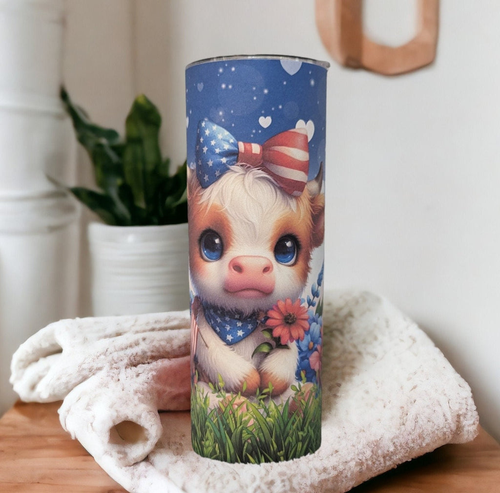 Patriotic Cow Tumbler, Highland Cow Gift, Patriotic Calf Tumbler, Patriotic Cow Cup, 20oz Tumbler With Reusable Straw For Hot Or Cold Drinks