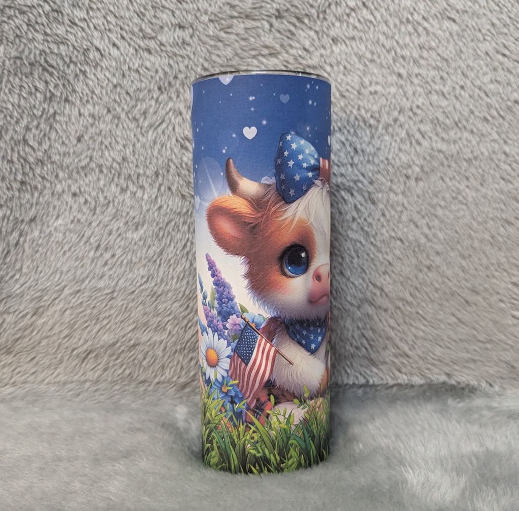 Patriotic Cow Tumbler, Highland Cow Gift, Patriotic Calf Tumbler, Patriotic Cow Cup, 20oz Tumbler With Reusable Straw For Hot Or Cold Drinks