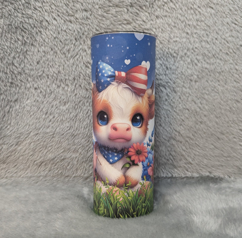 Patriotic Cow Tumbler, Highland Cow Gift, Patriotic Calf Tumbler, Patriotic Cow Cup, 20oz Tumbler With Reusable Straw For Hot Or Cold Drinks