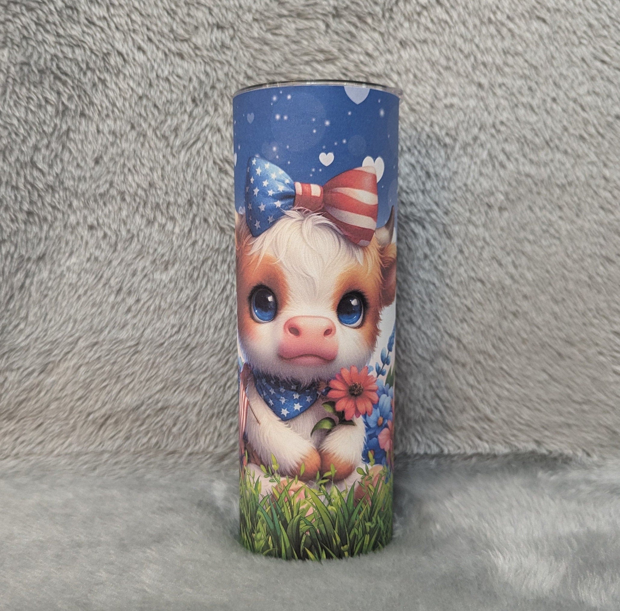 Patriotic Cow Tumbler, Highland Cow Gift, Patriotic Calf Tumbler, Patriotic Cow Cup, 20oz Tumbler With Reusable Straw For Hot Or Cold Drinks