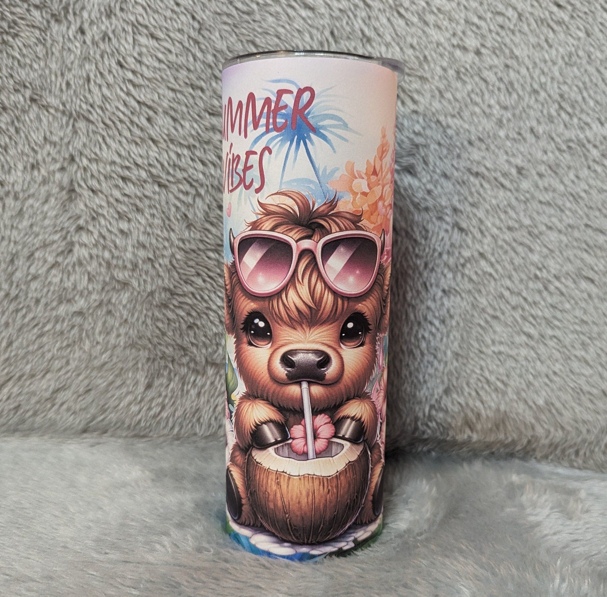 Cute Summer Highland Cow Tumbler Can Be Personalized, 20oz Highland Cow Tumbler, Cow Tumbler, Cow Lovers Gift, Includes Lid and Straw