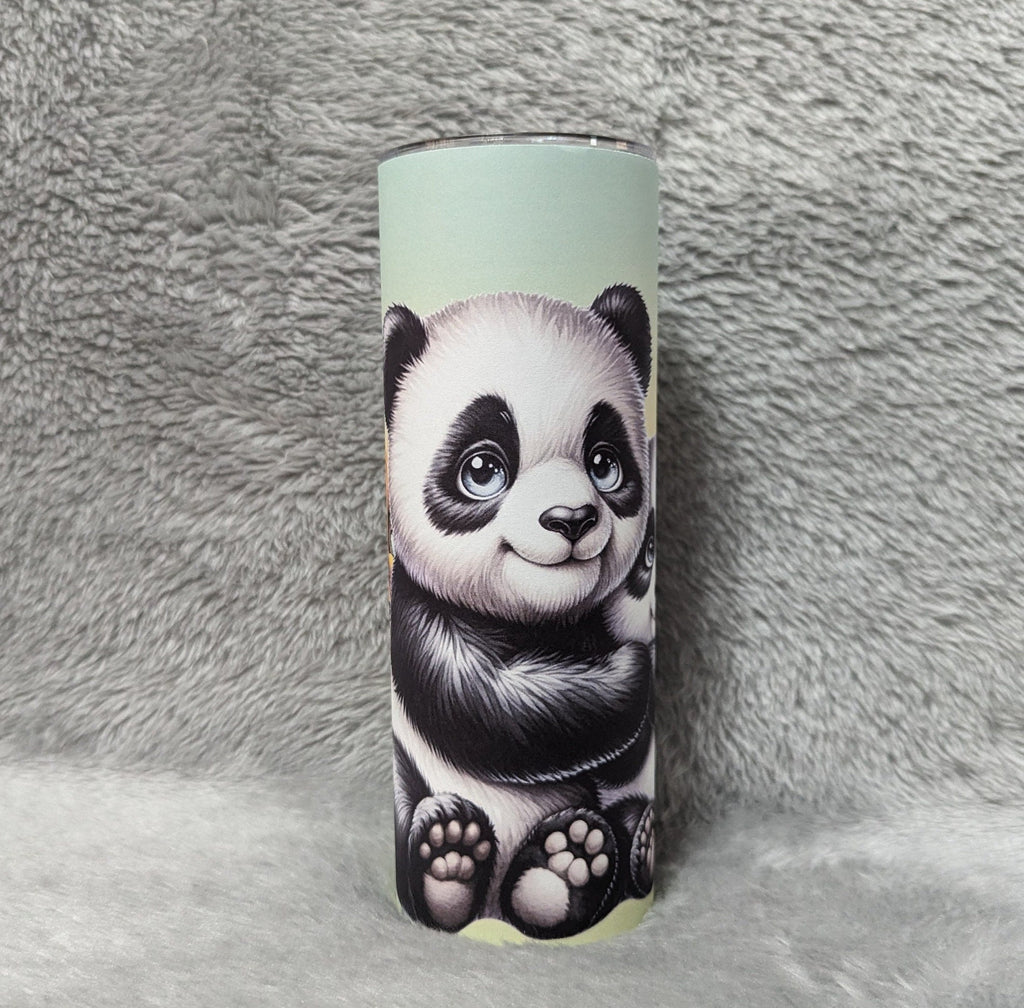 Cute Panda Bear Tumbler Can Be Personalized, Pandas With Sunflowers Tumbler, 20oz Skinny Tumbler For Everyday Use - Hot Or Cold Drinks