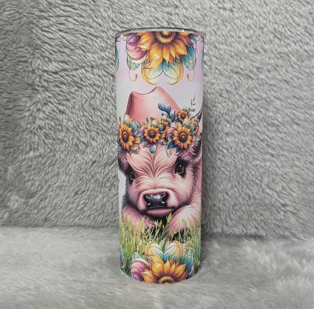 Pink Highland Cow Tumbler With Sunflowers Can Be Personalized, 20oz Highland Cow Tumbler, Cow Tumbler, Cow Lovers Gift, Includes Straw