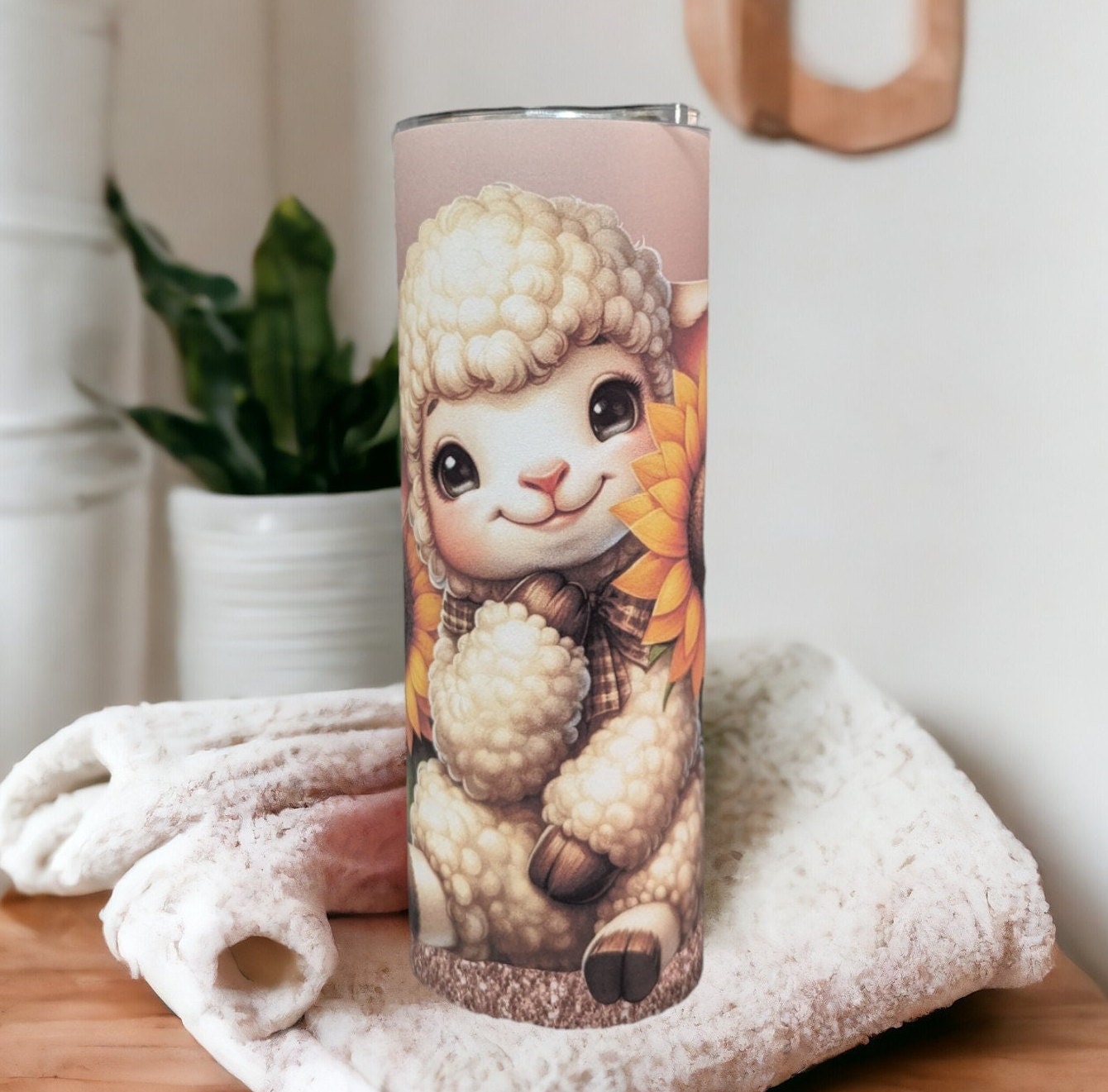 Cute Lamb Tumbler With Sunflowers and Butterflies Can Be Personalized, Cup With Name, Farm Animal Gift, Great For Home Work Or On The Go