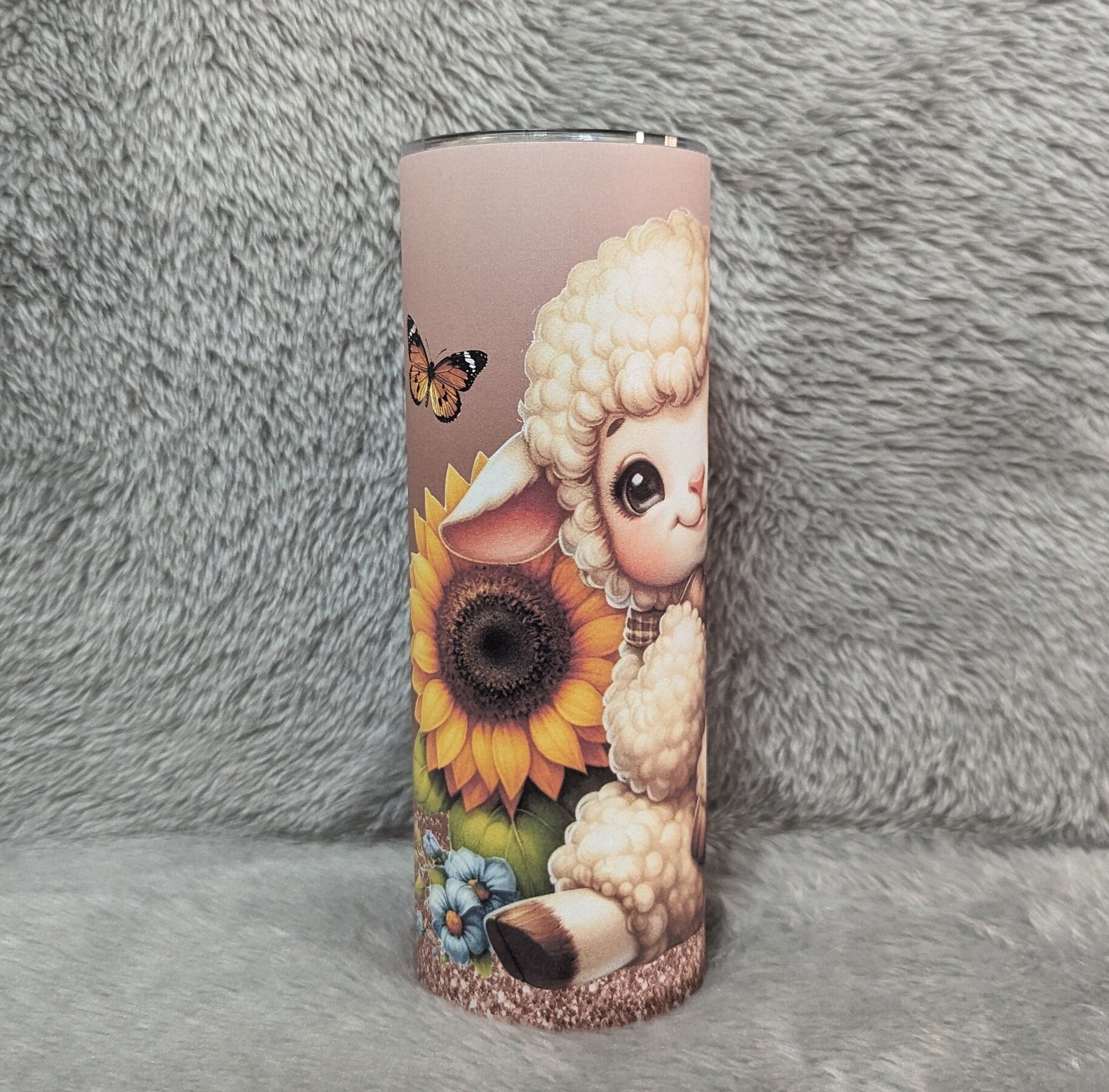 Cute Lamb Tumbler With Sunflowers and Butterflies Can Be Personalized, Cup With Name, Farm Animal Gift, Great For Home Work Or On The Go