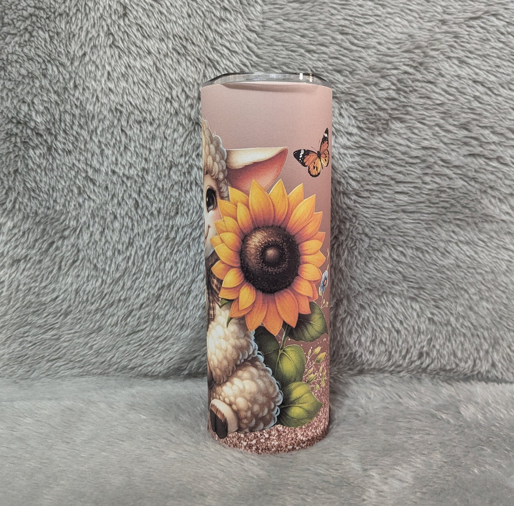 Cute Lamb Tumbler With Sunflowers and Butterflies Can Be Personalized, Cup With Name, Farm Animal Gift, Great For Home Work Or On The Go