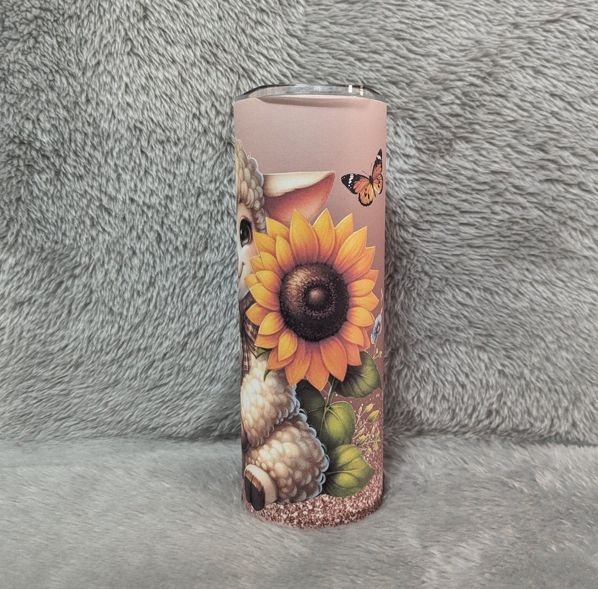 Cute Lamb Tumbler With Sunflowers and Butterflies Can Be Personalized, Cup With Name, Farm Animal Gift, Great For Home Work Or On The Go