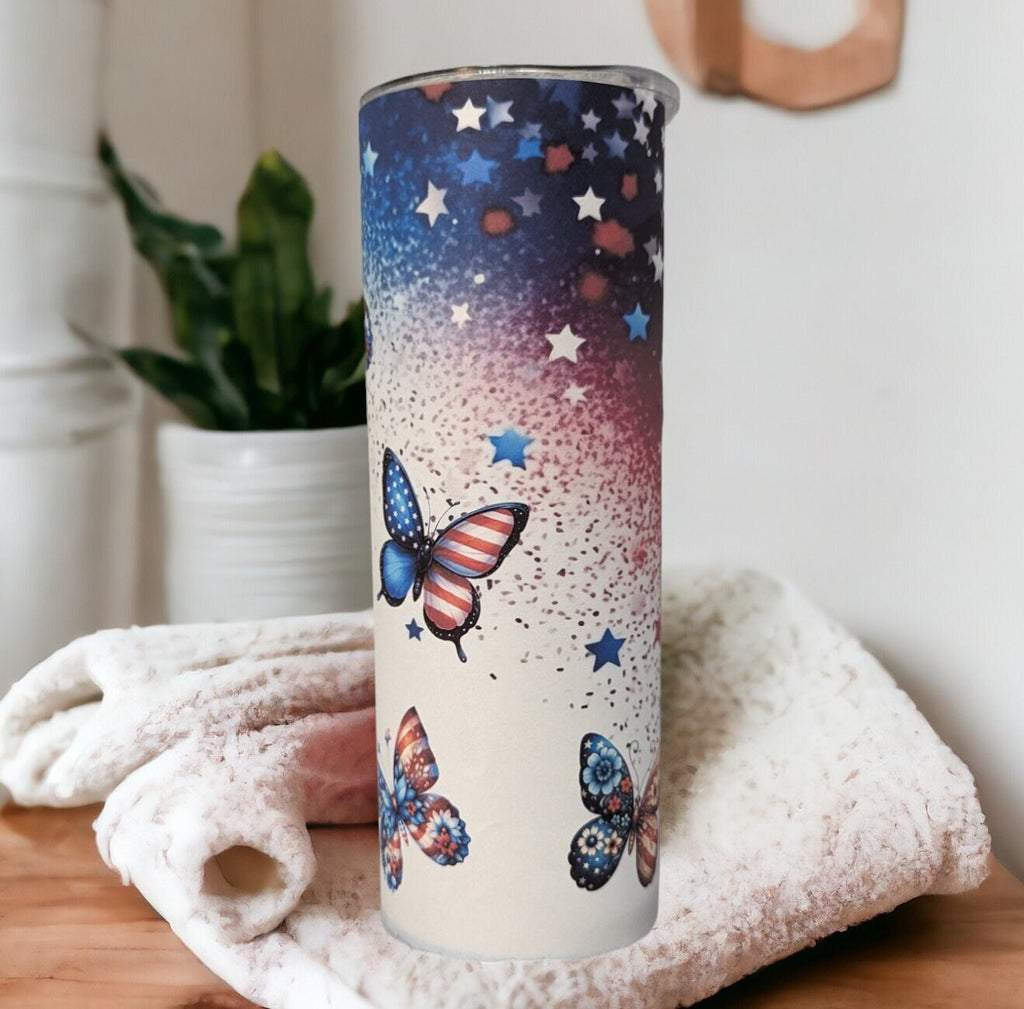 Patriotic Butterfly Tumbler Can Be Personalized, Patriotic Cup With Name, Gift For Patriots, 20oz Tumbler With Straw Hot Or Cold Drinks