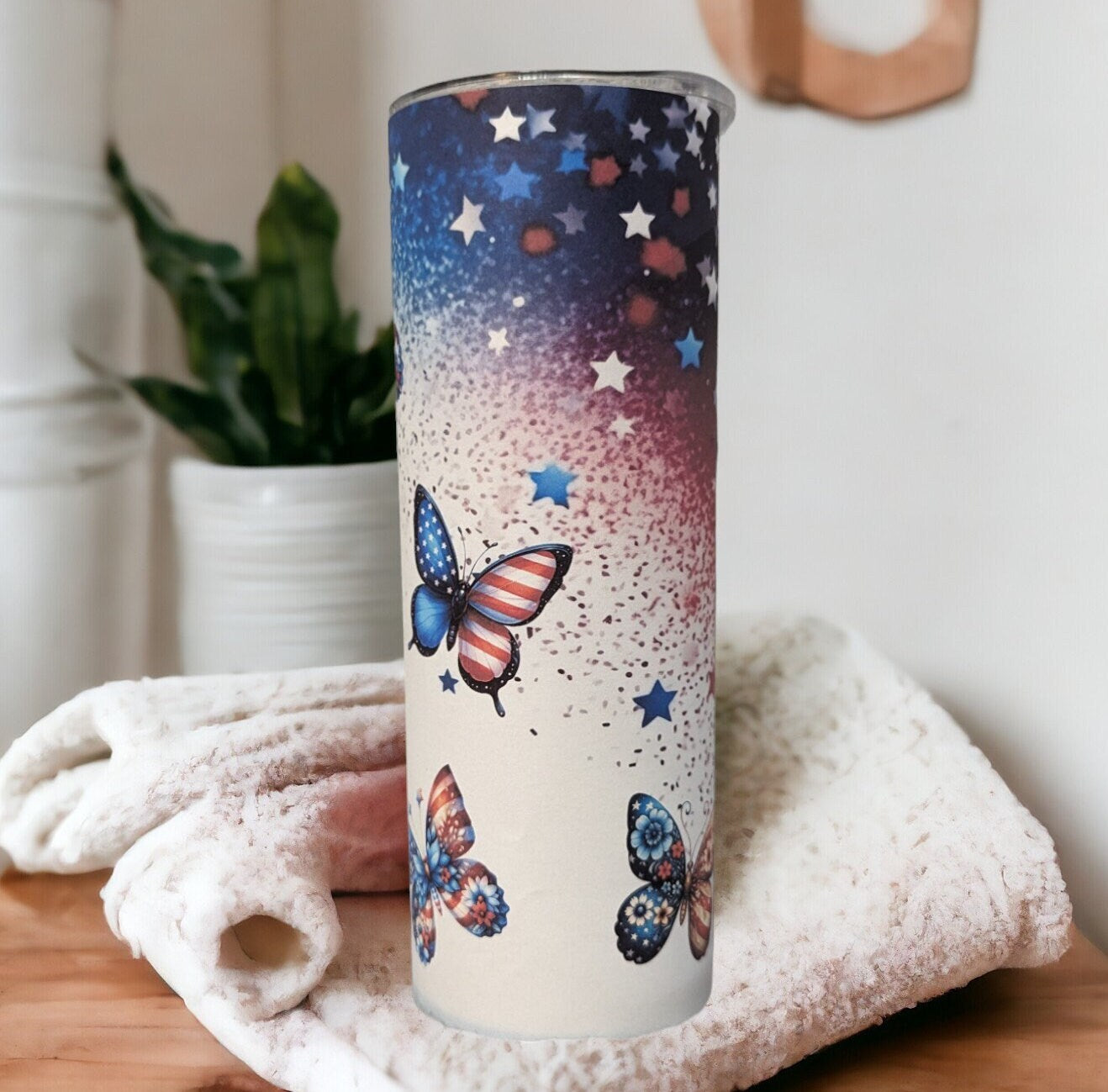 Patriotic Butterfly Tumbler Can Be Personalized, Patriotic Cup With Name, Gift For Patriots, 20oz Tumbler With Straw Hot Or Cold Drinks