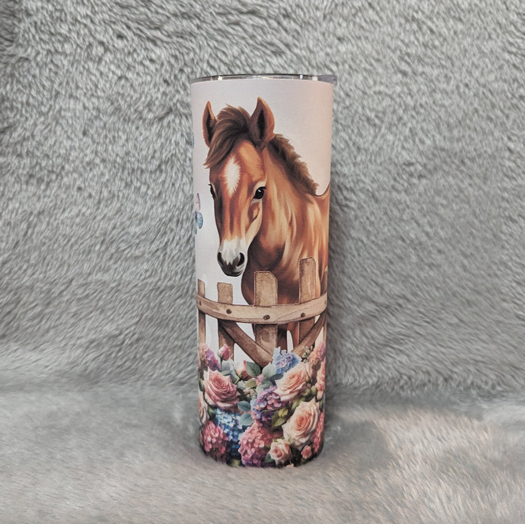 Pony Tumbler With Pretty Flowers Includes A Reusable straw, Can Be Personalized, Horse Gift, Cup With Name, Gift For Her, 20oz Tumbler