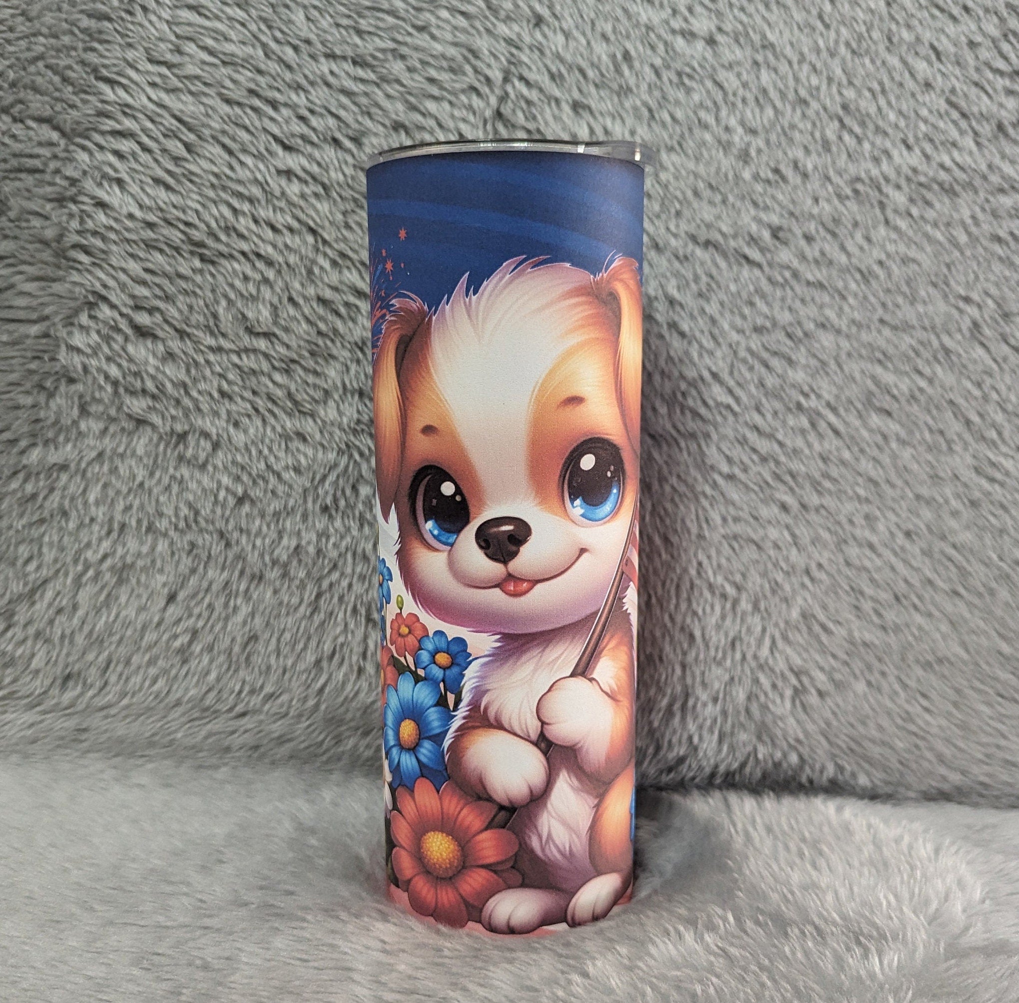 Patriotic Puppy Tumbler Can Be Personalized, Cup With Name, Gift For Dog Lovers, 20oz Tumbler With Reusable Straw - Hot Or Cold Drinks