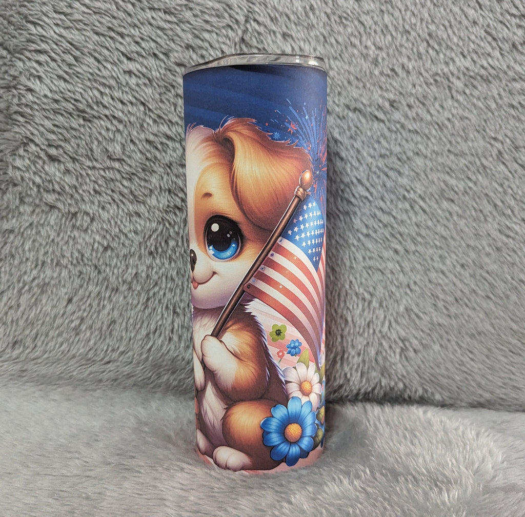 Patriotic Puppy Tumbler Can Be Personalized, Cup With Name, Gift For Dog Lovers, 20oz Tumbler With Reusable Straw - Hot Or Cold Drinks