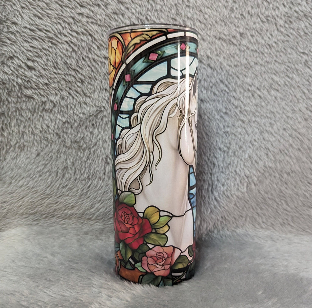 Beautiful Stained Glass Design Horse Tumbler With A White Horse and Roses, Can Be Personalized, White Horse Cup With Name, Horse Lover Gift