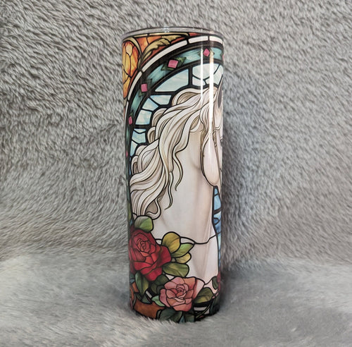 Beautiful Stained Glass Design Horse Tumbler With A White Horse and Roses, Can Be Personalized, White Horse Cup With Name, Horse Lover Gift