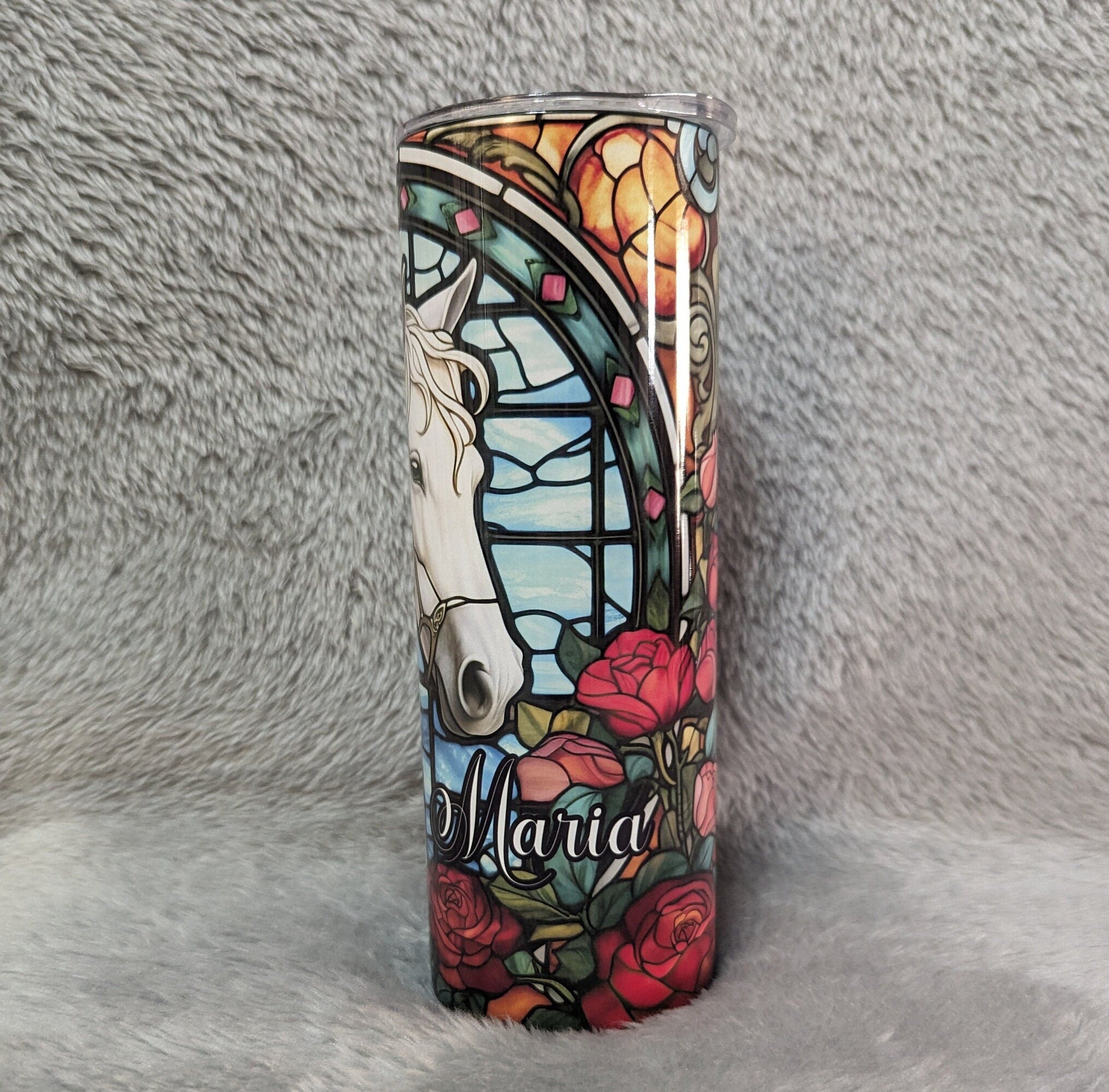Beautiful Stained Glass Design Horse Tumbler With A White Horse and Roses, Can Be Personalized, White Horse Cup With Name, Horse Lover Gift