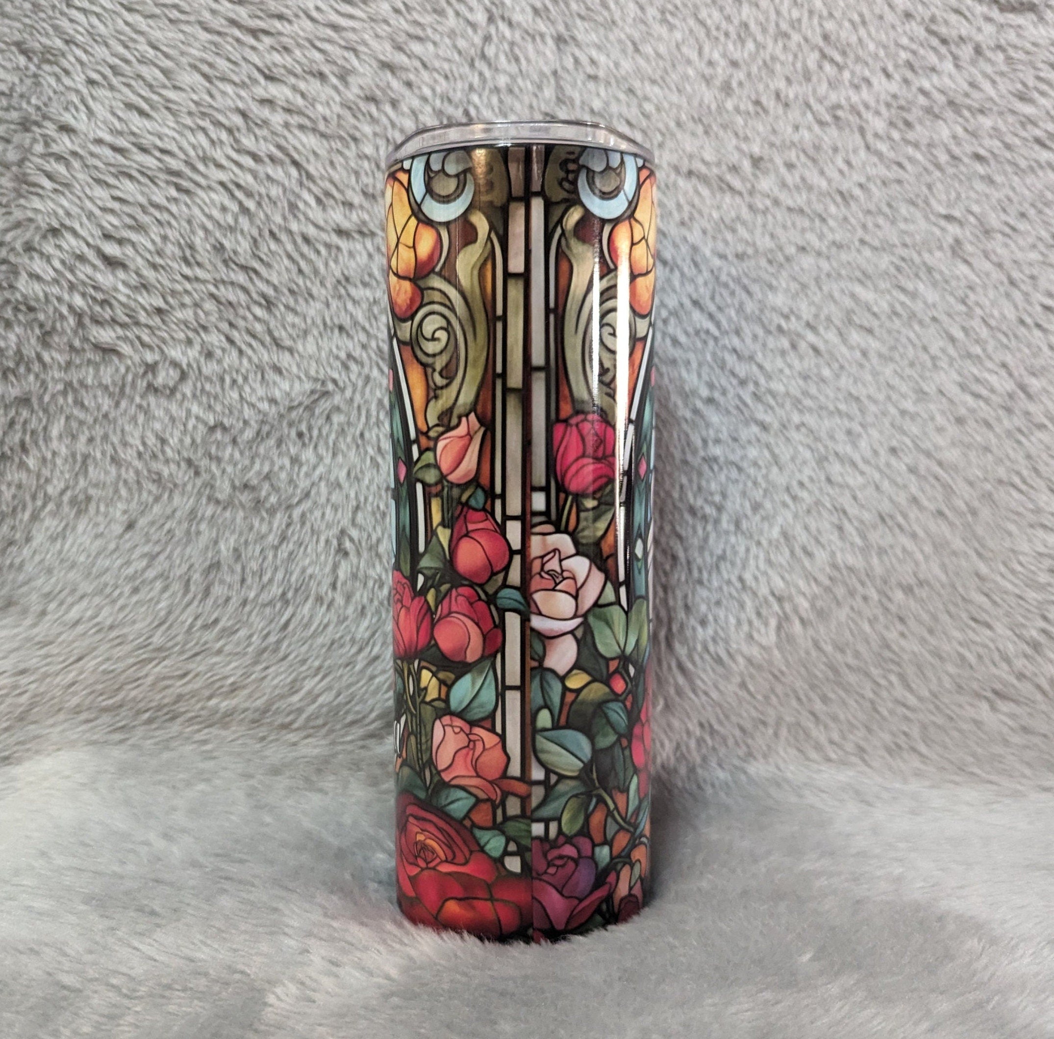 Beautiful Stained Glass Design Horse Tumbler With A White Horse and Roses, Can Be Personalized, White Horse Cup With Name, Horse Lover Gift