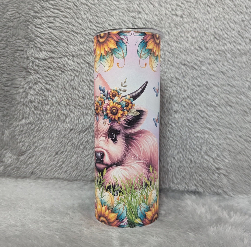 Pink Highland Cow Tumbler With Sunflowers Can Be Personalized, 20oz Highland Cow Tumbler, Cow Tumbler, Cow Lovers Gift, Includes Straw