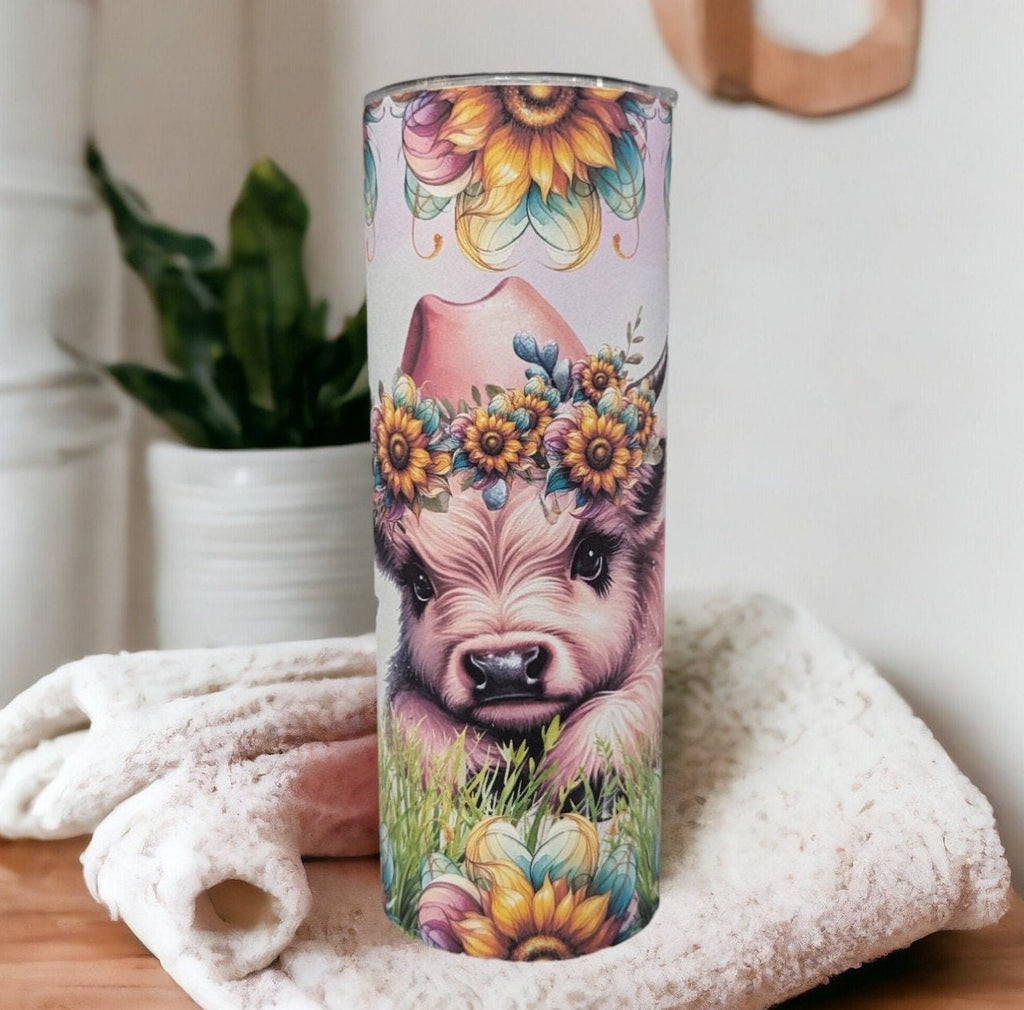 Pink Highland Cow Tumbler With Sunflowers Can Be Personalized, 20oz Highland Cow Tumbler, Cow Tumbler, Cow Lovers Gift, Includes Straw
