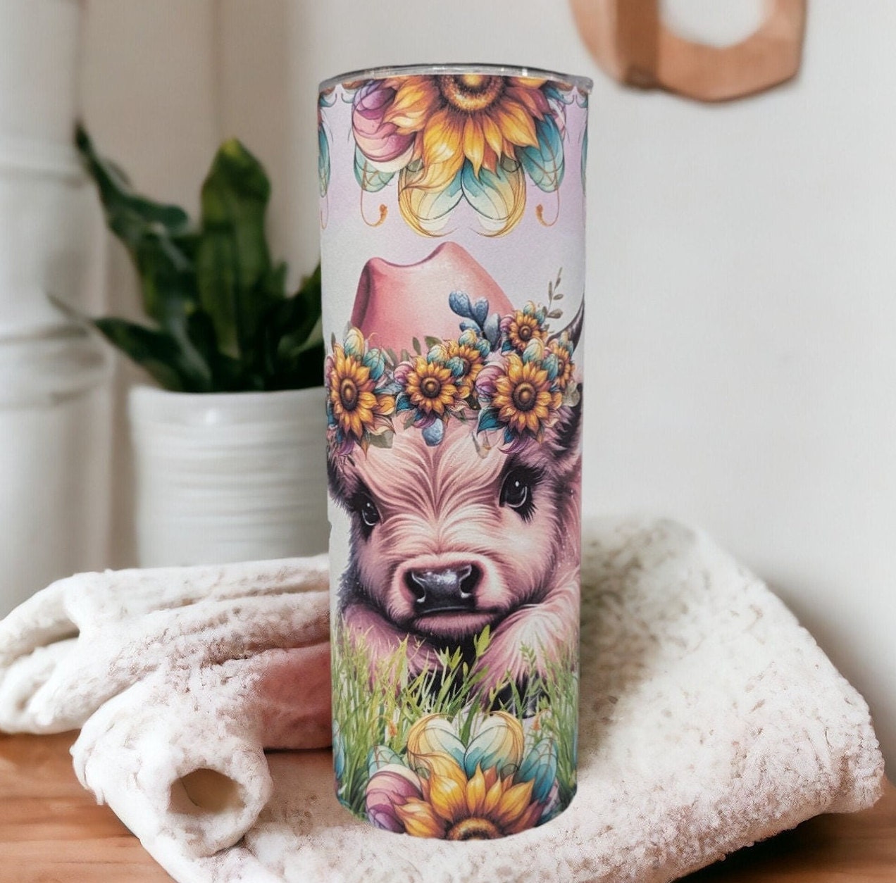 Pink Highland Cow Tumbler With Sunflowers Can Be Personalized, 20oz Highland Cow Tumbler, Cow Tumbler, Cow Lovers Gift, Includes Straw