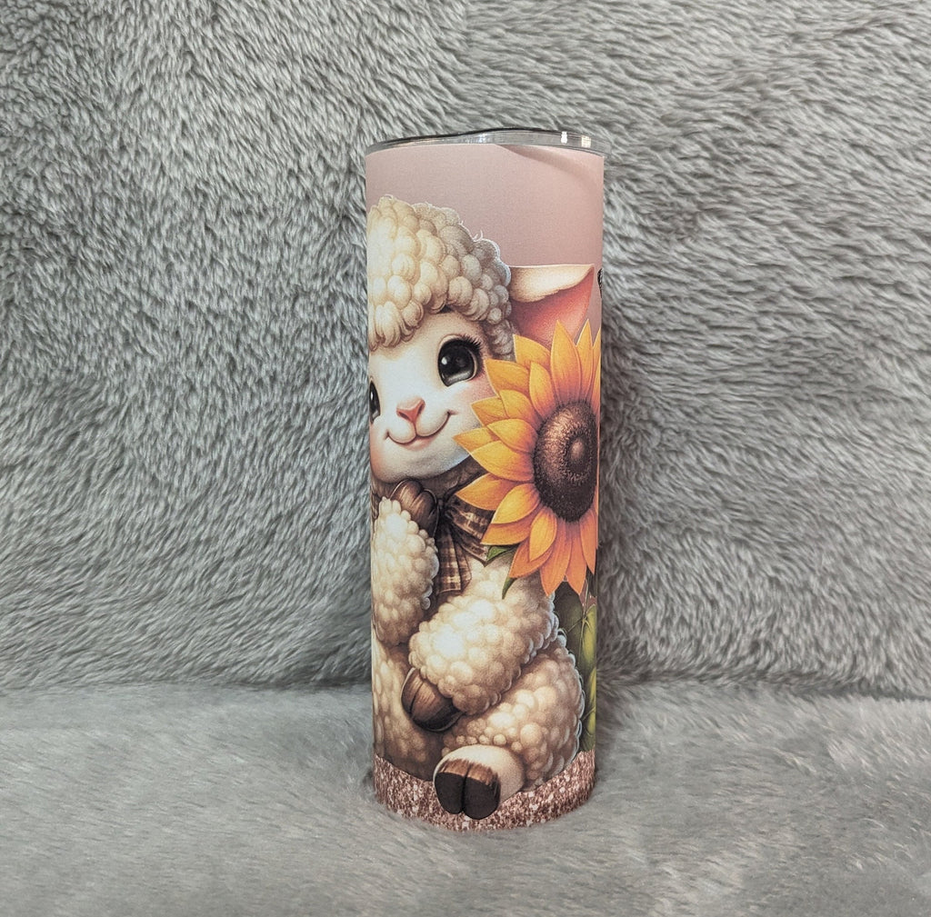 Cute Lamb Tumbler With Sunflowers and Butterflies Can Be Personalized, Cup With Name, Farm Animal Gift, Great For Home Work Or On The Go