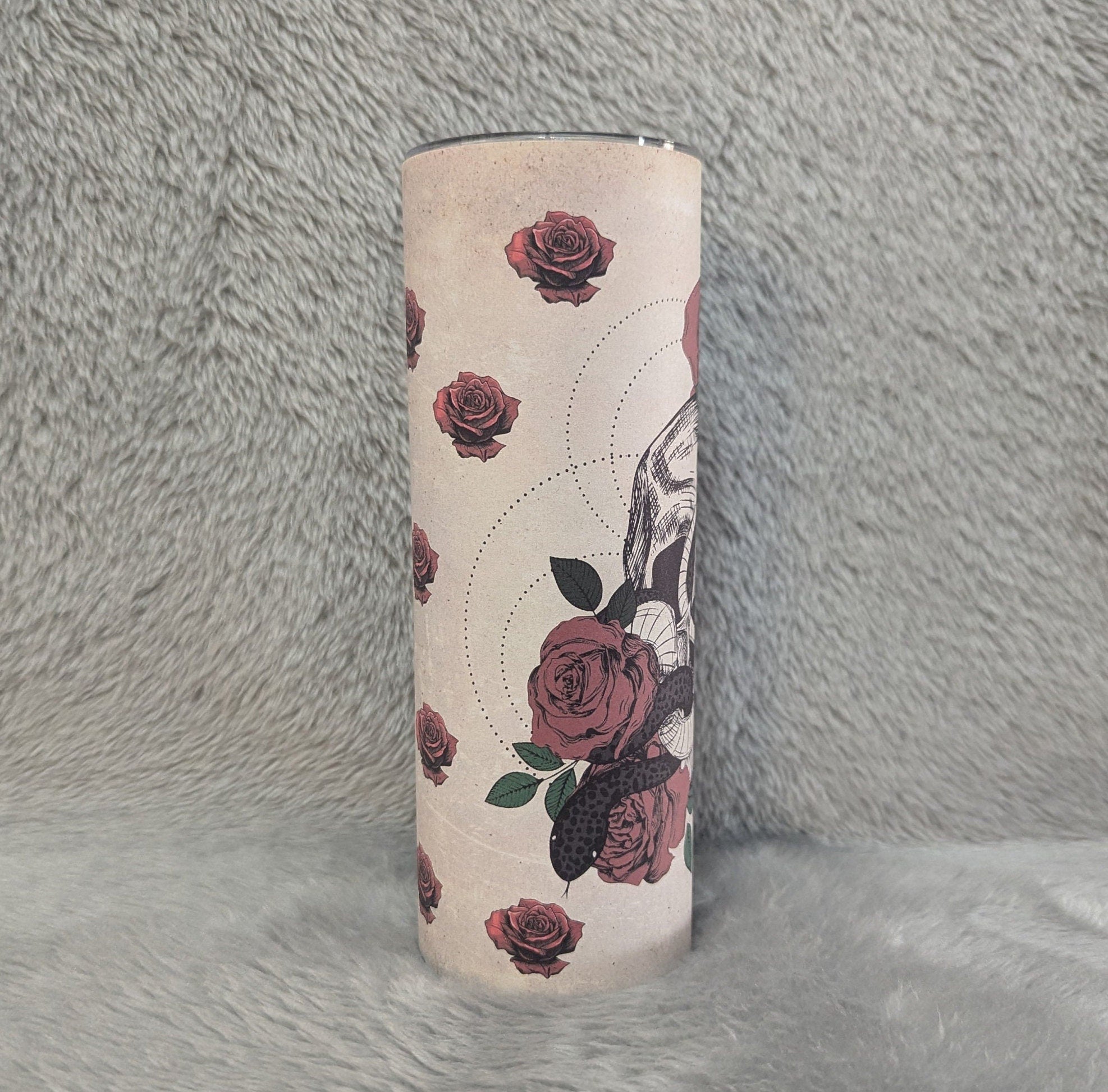Skull With Snake and Roses Tumbler - Can Be Personalized, For Hot Or Cold Drinks, 20oz Skull Tumbler with Reusable Straw