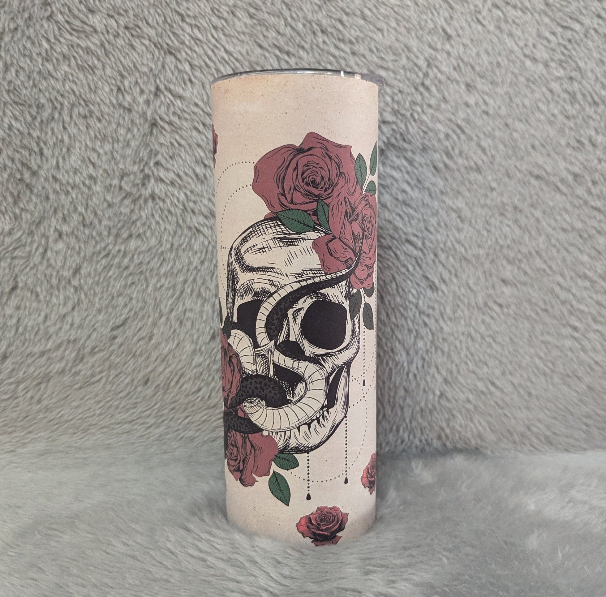 Skull With Snake and Roses Tumbler - Can Be Personalized, For Hot Or Cold Drinks, 20oz Skull Tumbler with Reusable Straw