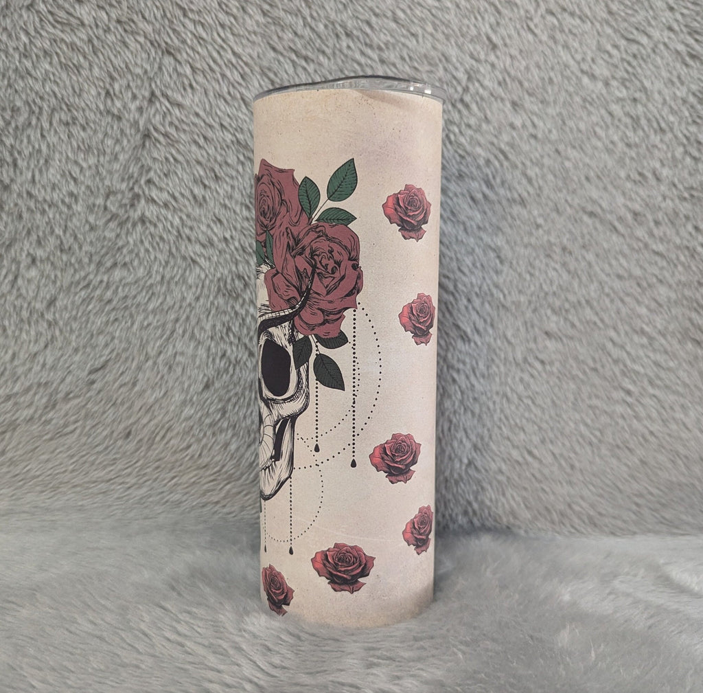 Skull With Snake and Roses Tumbler - Can Be Personalized, For Hot Or Cold Drinks, 20oz Skull Tumbler with Reusable Straw