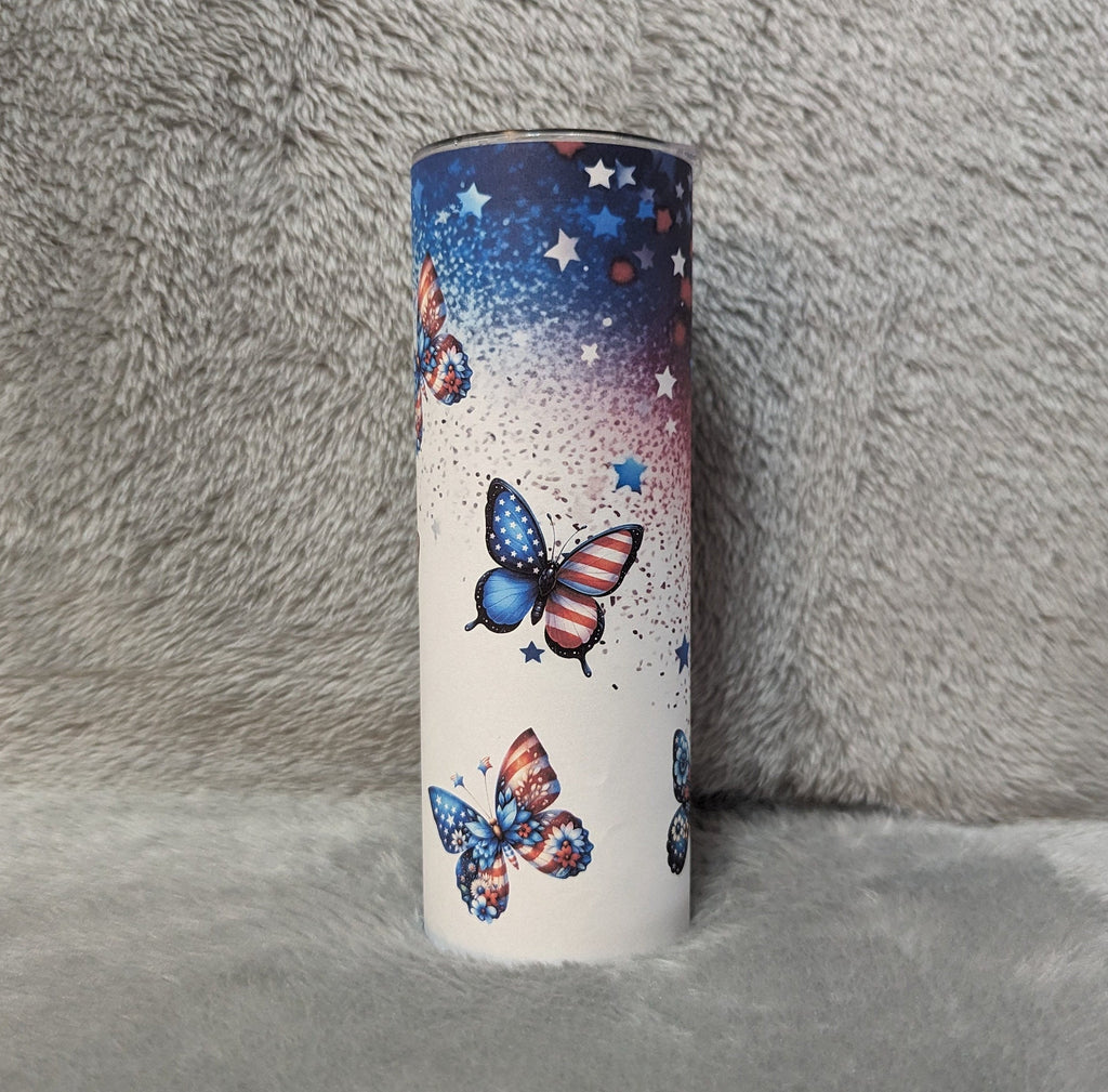 Patriotic Butterfly Tumbler Can Be Personalized, Patriotic Cup With Name, Gift For Patriots, 20oz Tumbler With Straw Hot Or Cold Drinks