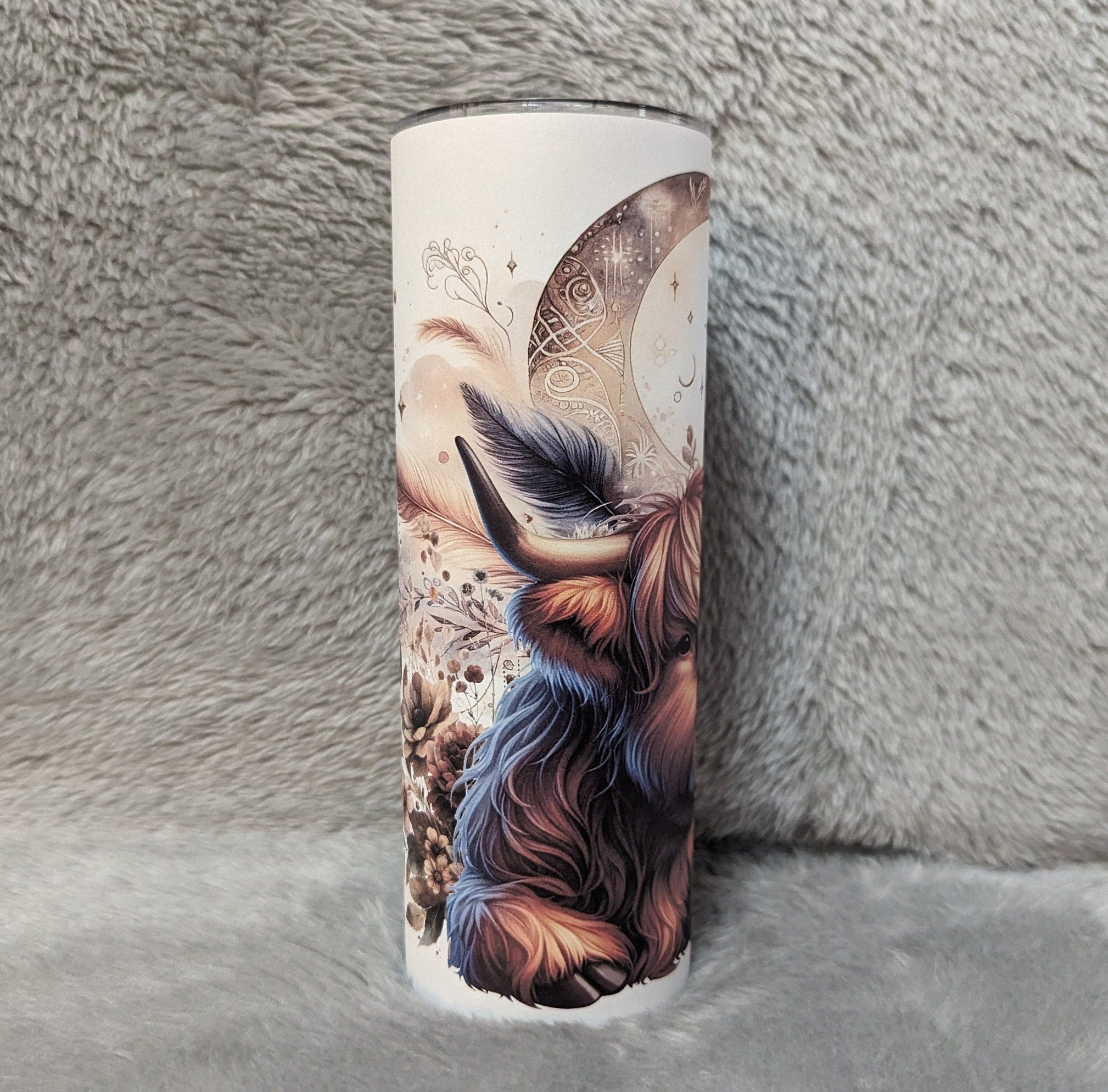 Boho Highland Cow Tumbler With Flowers and Moon Can Be Personalized, 20oz Highland Cow Tumbler, Cow Tumbler, Cow Lovers Gift, Includes Straw