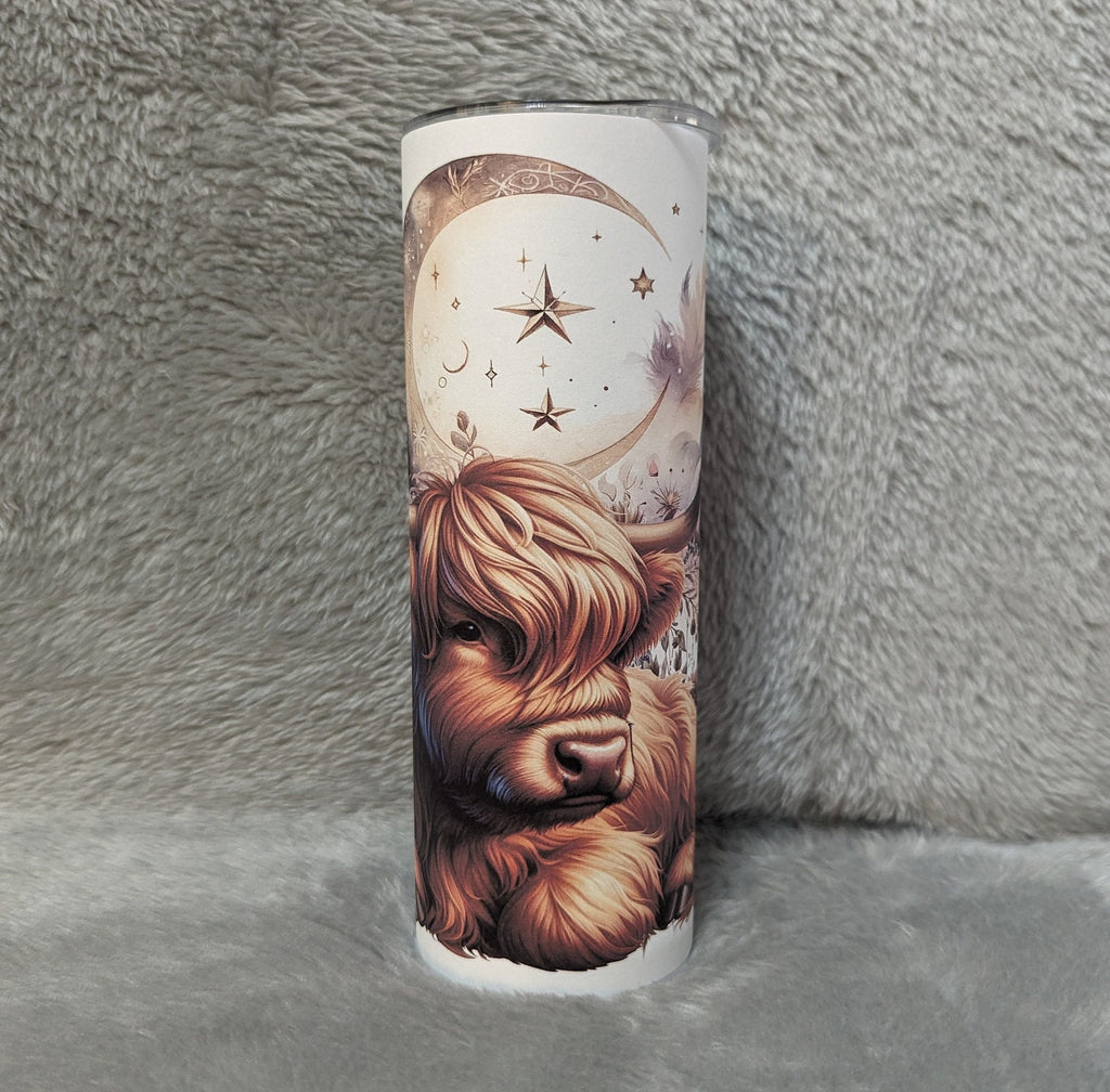 Boho Highland Cow Tumbler With Flowers and Moon Can Be Personalized, 20oz Highland Cow Tumbler, Cow Tumbler, Cow Lovers Gift, Includes Straw