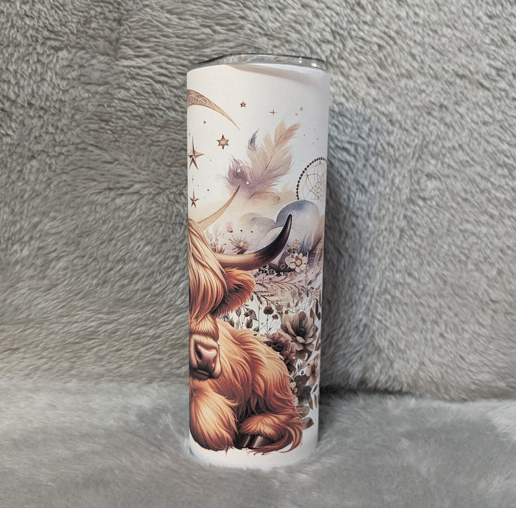 Boho Highland Cow Tumbler With Flowers and Moon Can Be Personalized, 20oz Highland Cow Tumbler, Cow Tumbler, Cow Lovers Gift, Includes Straw