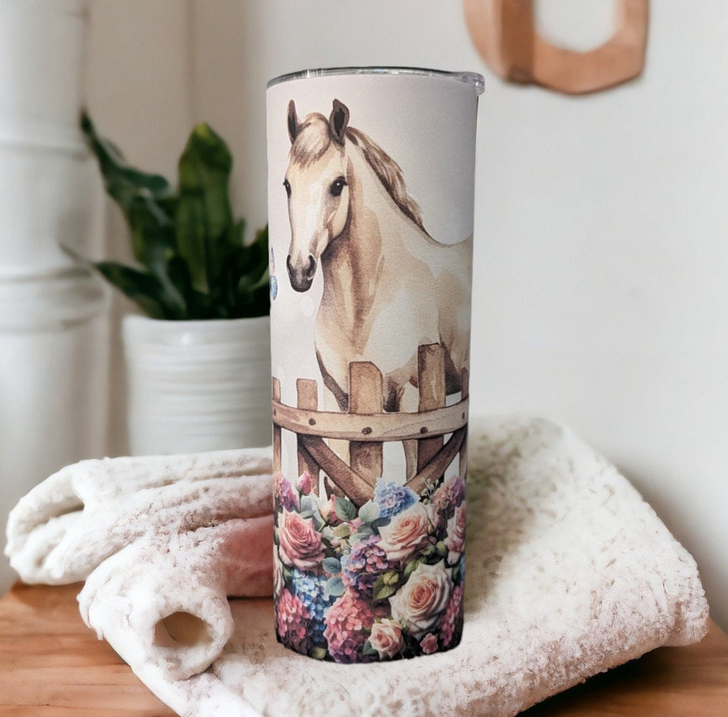 Pretty Horse Tumbler With Flowers Can Be Personalized, Horse Cup With Name, Horse Lover Gift,  Hot Cold Drinkware