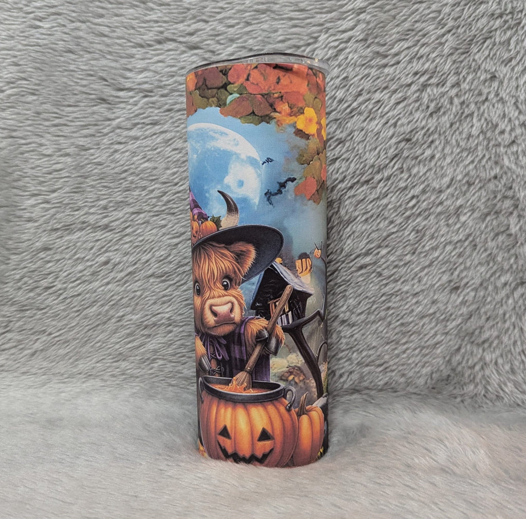 Halloween Highland Cow Tumbler Can be Personalized, Perfect for Halloween Lovers, 20oz Tumbler With Reusable Straw