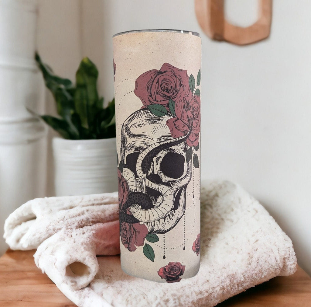 Skull With Snake and Roses Tumbler - Can Be Personalized, For Hot Or Cold Drinks, 20oz Skull Tumbler with Reusable Straw