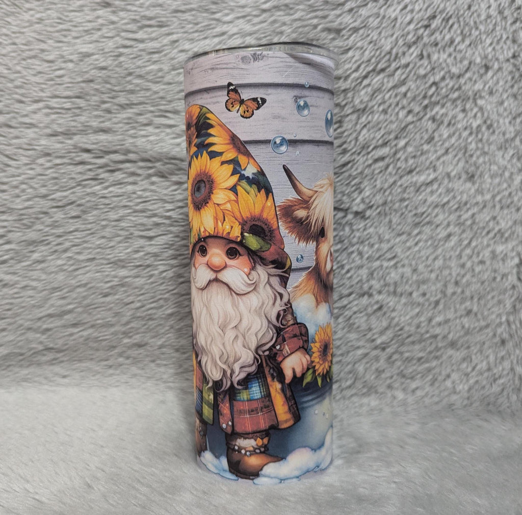 Gnome With Highland Cow Tumbler Can Be Personalized, Includes A Reusable Straw, 20oz Tumbler, Gnome Lover Gift, For Home Work Or On The Go