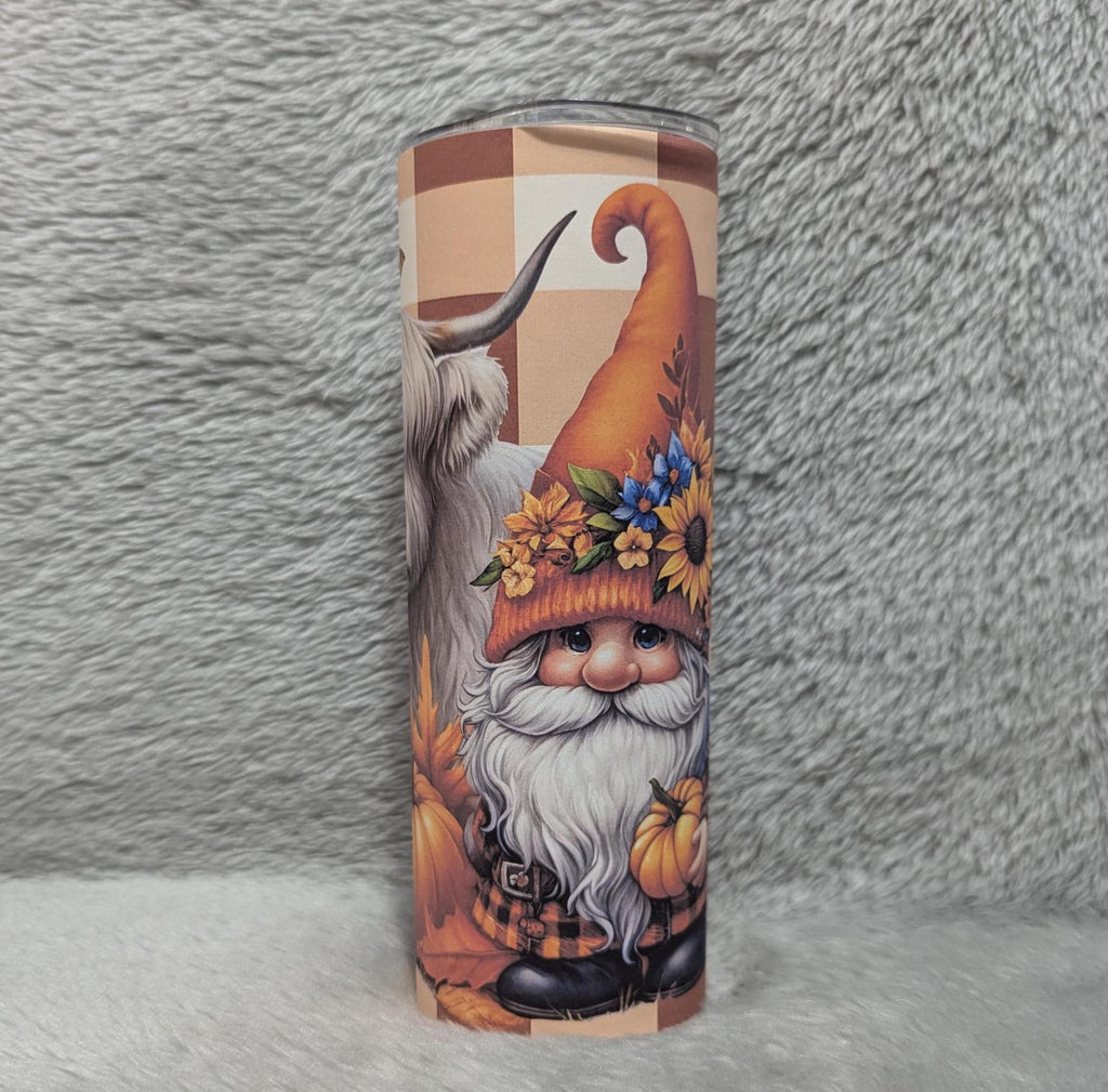 Autumn Gnome With Highland Cow Tumbler 20oz With Reusable Straw, Can Be Personalized